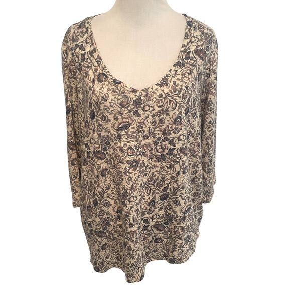 Rachel Zoe Floral Linen Top Womens Size 1X Cream Mauve V-Neck Coastal Boho Tee - Picture 2 of 9